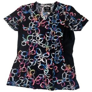 iflex Xherokee Women's Scrub Top Size XS Black with Colorful‎ Butterflies
